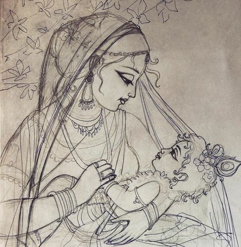 Krishna With Yashoda, Pen Art Drawings, Beautiful Art Paintings, Goddess Artwork, Beauty Art Drawings, Indian Folk Art, Indian Art Paintings, Mandala Design Art, Shree Krishna