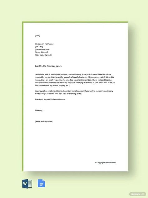 Medical Leave Letter for College Leave Letter Format For College, Medical Leave Letter, Medical Leave, Letter Format, Free Medical, Maternity Leave, Letter Template, Job Title, Word Template