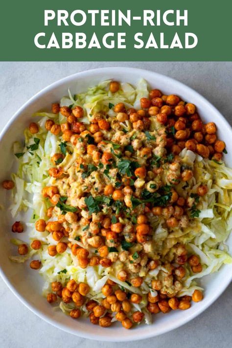 The Best Cabbage Salad. Packed with plant-based protein from chickpeas and vegan Caesar dressing. Quick, easy, and gut-healthy. Budget-friendly ingredients and low in calories. Vegan Cabbage Salad Recipes, Vegan Cabbage Salad, Raw Cabbage Recipes, Peanuts Recipes, Cabbage Salads, Protein Salads, Picnic Salads, Salad Skewers, Vegan Caesar Dressing