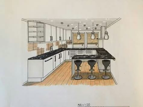 Kitchen Interior Perspective Drawing, Interior Design Sketches Kitchen, Interior Design One Point Perspective, Kitchen Architecture Design Drawing, Kitchen In Perspective, Interior Design Sketches Perspective Kitchen, Kitchen 1 Point Perspective, Kitchen Interior Perspective, 2 Point Perspective Kitchen