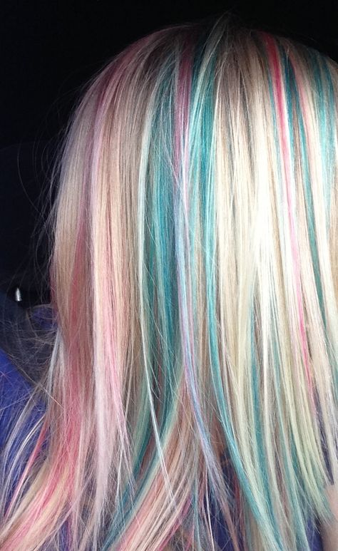 Blonde With Different Color Highlights, Pink And Blue Hair Streaks, Colored Highlights For Blondes, Blonde With Color Highlights, Blonde Hair With Colored Highlights, Pink Blonde Hair, Hair Inspiration Long, Multi Colored Hair, Hair Streaks