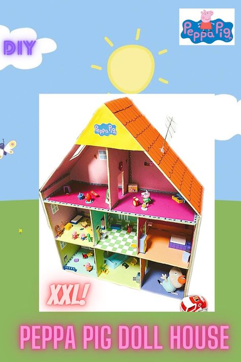 Diy Peppa Pig House, Peppa Pig House Diy, House From Cardboard, Peppa Pig Doll, Peppa Pig House, Pig Doll, House Tutorial, Pig House, Peppa Pig Birthday