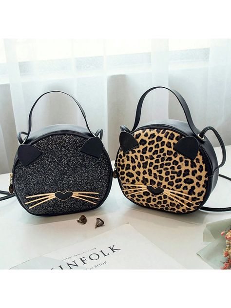 1pc Girls Casual Cute Cartoon Sequin Leopard Print Cat Messenger Bag Crossbody Bag Coin Purse Wallet Decorative Accessories | SHEIN USA Cat Purse, Cat Fashion, Cat Bag, Coin Purse Wallet, Round Bag, Mini Crossbody Bag, Shoulder Messenger Bag, Small Purse, Womens Crossbody Bag