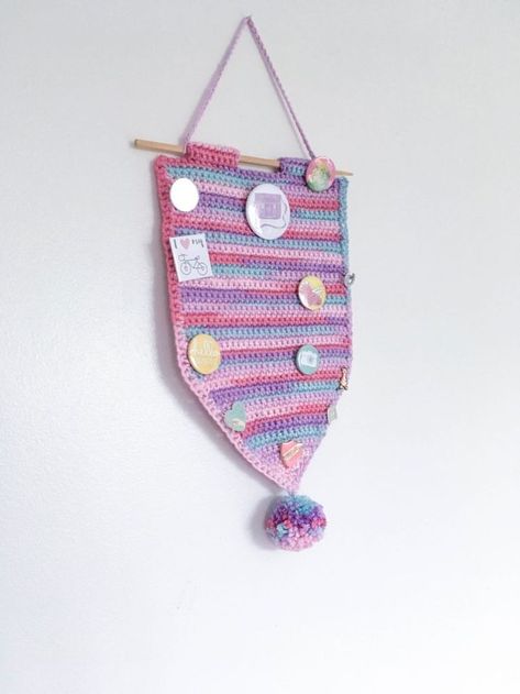 Crochet Display, Home Crochet Patterns, Make Your Own Banner, Pin Banner, Wall Hanging Crochet, Badge Display, Colourful Crochet, Enamel Pin Display, Hanging Crochet