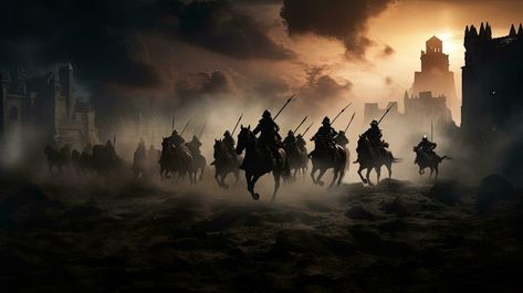 Warriors in medieval battle scene fighting in silhouette against a foggy background with castle Midevil Battle Scene, Warrior Background, Battlefield Background, Foggy Background, Medieval Battle, Battle Scene, Bad Boy Aesthetic, The Warriors, Boy Aesthetic