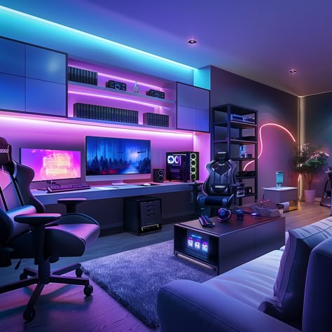 Game Bedroom Design, Best Gaming Setup Man Cave, Men’s Gaming Room, Gaming Bedroom Ideas For Men, Manly House Decor, Futuristic Gamer Room, Rgb Bedroom, Kids Game Room Ideas, Men’s Gaming Set Up