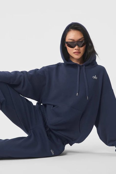 Navy | Alo Yoga Yoga Hoodie, Yoga Long Sleeve, Sweat Set, Sweatshirts Pattern, Back Women, Loose Sweater, Yoga Tops, Alo Yoga, Hooded Pullover