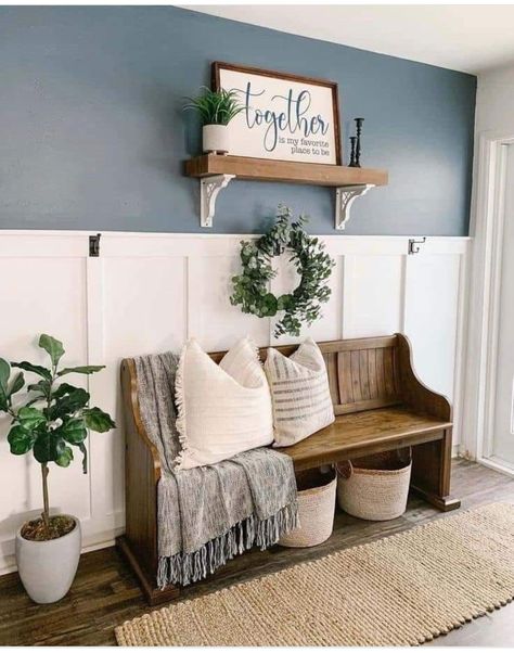 Entryway Pew Bench Decor, Entryway Pew Bench, Old House Entryway, Pew Bench Entryway, Church Pew Entryway, Foyer Bench Ideas Entry Ways, Entryway Living Room Combo, Mud Room Laundry Room Combo, Entryway Diy