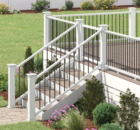 Stair Kit comes unassembled and includes top and bottom rail, and aluminum balusters. Actual Size: 67.75 in W x 33 in H. PerforMax technology provides superior resistance to moisture, mold, warping and staining. Low-maintenance, durable composite will ensure your railing will be as strong and secure as it as attractive. Tested to meet IBC code requirements - always check local building codes. Brackets, posts, gate kits, and accessories sold separately. Transferable Limited Lifetime Warranty. Freedom 6-ft x 3-in x 36-in White Composite Deck Stair Rail Kit | 73056621 Minimal Railing Design, Railings For Porches, Outdoor Steps With Railing, Iron Front Porch Railing, Front Steps Railing, Hand Rails For Stairs Outdoor, Front Porch Stairs Ideas, Cape Cod Front Porch, Small Front Porch Railing Ideas