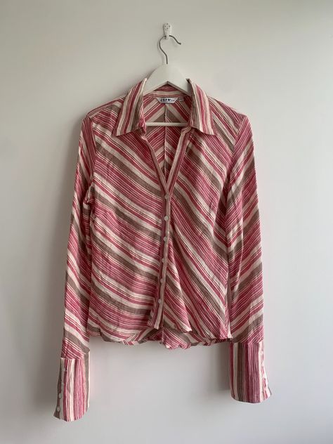 Vintage 90s Gauze Shirt for Women Size L, Rose Pink Taupe Beige Striped Button Up Shirt, Collared Long Sleeve Blouse, Cotton Crepe Top by BlastFromThePastBags on Etsy Cotton Gauze Shirt, Gauze Shirt, 90s Fits, Blouse Cotton, Crepe Top, 90s Shirts, Extra Long Sleeves, Gauze Fabric, Shirt For Women