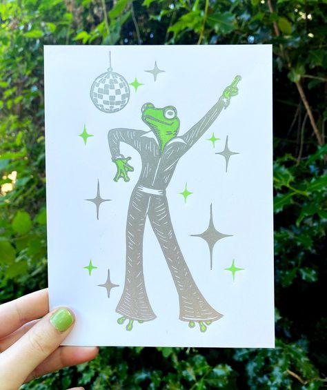 DISCO FROG PRINT, Frog print, disco print, frog art, disco art, 70s, disco ball, groovy, linocut, wall art, cottagecore, staying alive Disco Frog, Disco Drawing, Class Doodles, Disco Ball Art, Disco Art, Disco Print, Art Disco, Frog Tattoo, Art Cottagecore