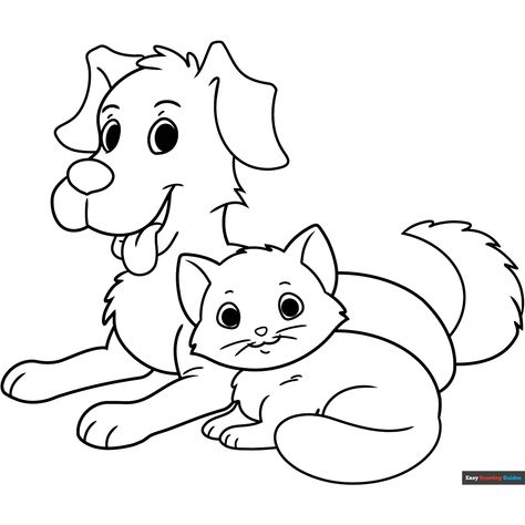 Free Cat and Dog Coloring Page for Kids Coloring Pictures For Kids, Easy Drawing Guides, Free Printable Coloring Sheets, Drawing Guides, Cat Coloring Book, Dog Coloring Page, Kids Print, Printable Coloring Sheets, Drawing Tutorial Easy