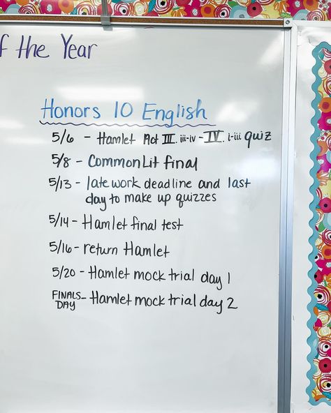 When May started, I filled my back whiteboard with important information for my students. I included important information, assignments, dates, and deadlines. I also communicated this information home to students and guardians multiple times. It’s hard to believe that it is already Monday, May 20. With my honors students, we start their final today, which is a Hamlet mock trial. With my college prep students, we will be having a seminar discussion about the tone differences in Night and Li... Mock Trial, Honor Student, College Prep, May 20, Whiteboard, Dates, Quick Saves