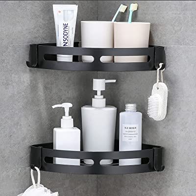 IDEA CASA 2 Pack Shower Caddy Corner Shelf Bathroom Organizers - Adhesive Shower Caddy Hanging for Shower Rack Storage Bathroom Wall Shelf - Washroom Organizer Shelves for Washroom Accessories (Black) : Amazon.ca: Home Modern Bathroom Accessories Set, Shower Caddy Storage, Black And Silver Bathroom, Black Bathroom Sets, Matte Black Bathroom Accessories, Contemporary Bathroom Accessories, Black Bathroom Hardware, Bathroom Corner Shelf, Corner Shower Caddy