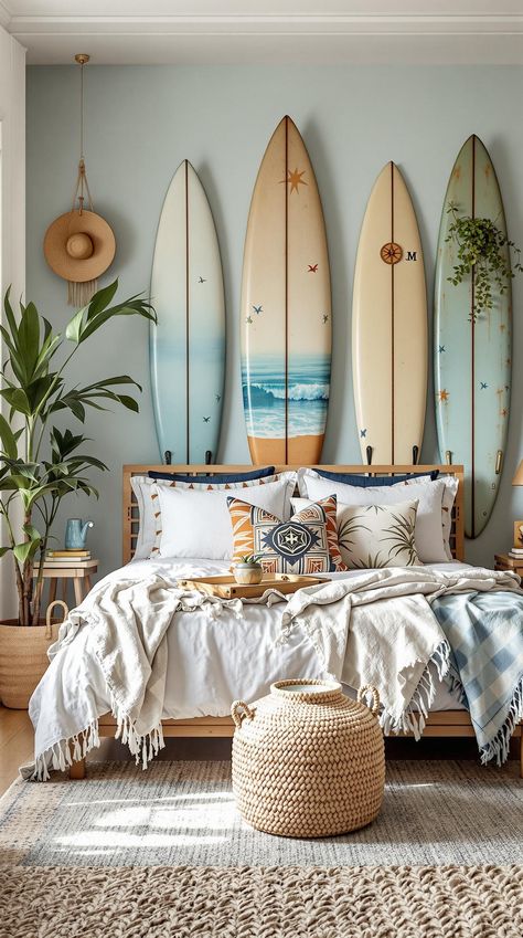 boho coastal bedroom Beachy Attic Bedroom, Surfboard Over Bed, Surfing Decor Ideas, Cute Coastal Bedroom, Surfer Home Style, Vintage Surf Bedroom, Surfboard Home Decor, Surfer Aesthetic Bedroom, Tropical Coastal Interior