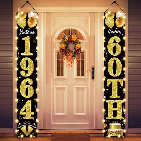 PRICES MAY VARY. Polyester [Product included]: The Black Gold Happy 60th Birthday Party door banner decorations are your perfect choice. The size 70.9 * 11.8 inches, including 1pcs "1964" door banner and 1pcs "60th" door banner.The LED lights can last for 6-8 hours, creating a sense of atmosphere. [60th birthday decorations]: Clearly blends black and gold designs, adding elements such as birthday cake and balloons to create a unique 60th birthday for you. [Easy to use]: One end of the birthday b Easy 50th Birthday Decorations, 50th Birthday Ideas Decorations, 50th Birthday Party Decorations Women, Black Gold Birthday Decorations, 50th Party Decorations, Party Entrance Decoration, 40th Birthday Party Men, 40th Birthday Party For Women, 50th Birthday Party Ideas For Men