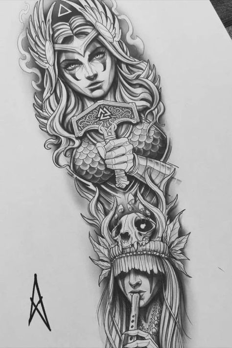 Valkyrie Tattoos, Traditional Viking Tattoos, Viking Warrior Tattoos, Warrior Tattoo Sleeve, Norse Mythology Tattoo, Female Warrior Tattoo, Valkyrie Tattoo, Viking Tattoo Sleeve, Vikings Tattoo