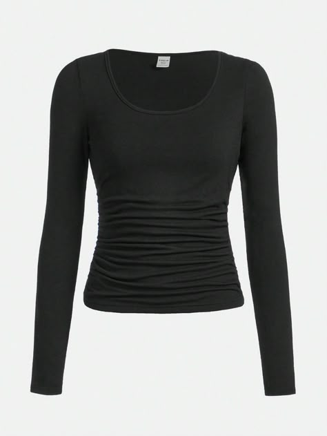 SHEIN Teen Girls' Solid Color U-Shaped Pleated Long Sleeve T-ShirtI discovered amazing products on SHEIN.com, come check them out! Plain Long Sleeve Shirts, Lulu Outfits, Girls T Shirts, Print Tank, Girls Long Sleeve, Teen Girls, Black Casual, Girls Clothing