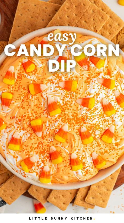 This quick and easy candy corn dip is perfect for Halloween! Creamy, sweet, and ready in just 10 minutes. Serve with cookies or fruit for a fun party treat! Halloween Sweet Dips For Parties, Candy Corn On The Cob, Recipes Using Candy Corn, Halloween Cookie Dip, Desert Dips, Dipping Cookies, Candy Corn Desserts, Candy Corn Recipe, Corn Dip Recipe