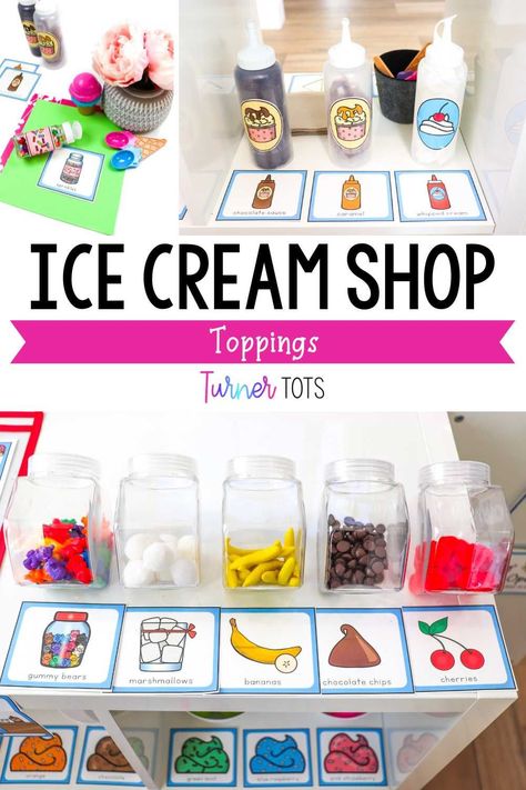 Pretend Play Ice Cream Shop, Preschool Ice Cream Shop, Diy Play Ice Cream Shop, Diy Ice Cream Shop Pretend Play, Ice Cream Parlour Dramatic Play, Ice Cream Stand Dramatic Play, Summer Dramatic Play Preschool, Ice Cream Shop Preschool, Sweet Shop Dramatic Play