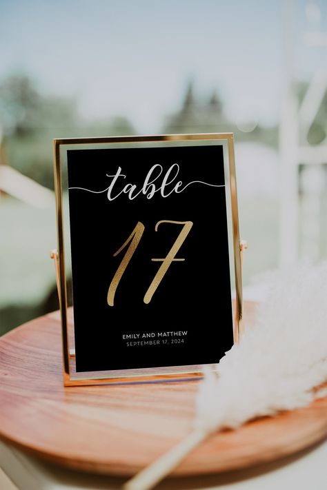 WHAT IS INCLUDED: Table numbers - Digital template Sizes included: 4x6, 5x7 inches If you need a custom size, please ask. ✅DEMO LINK: https://templett.com/design/demo/visual/11551515,11551514 MATCHING TEMPLATES: https://www.etsy.com/shop/VisualisingDreams?search_query=bgd019 🖨️ PRINTING: https://printsoflove.com/ref/visualisingdreams/ With countless customization options, this template is easily customizable to all events and easy to match with your colors. WHAT YOU CAN CHANGE ON TEMPLATES: - E Black And Gold Table Numbers, Black And Gold Table Decorations, Black Table Numbers, Unique Table Numbers Wedding, Gold Table Numbers Wedding, Gold Wedding Signs, Table Number Template, Black And Gold Wedding, Wedding Table Numbers Template