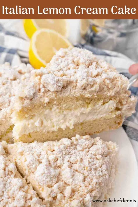 Our Olive Garden copycat of their Italian Lemon Cream Cake with its bright lemon flavor, creamy filling, and crumb topping is the perfect dessert for any occasion. Lemon Creamy Dessert, Lemon Cream Cake Olive Garden, Copycat Olive Garden Lemon Cream Cake, Fall Lemon Cake, Lemon Torte Desserts, Lemon Italian Cake, Lemon Italian Cream Cake, Cheesecake Factory Lemon Cream Cake, Lemon Chantilly Cake