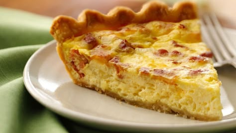 Prep it in 10 minutes! I added 1 T cornstarch and 1/3 Cup sour cream to milk. Can adapt and add other ingredients - peppers, ham, etc . Bacon And Cheese Quiche, Cheese Quiche Recipe, Bacon Quiche, Cheese Quiche, Bacon And Cheese, Egg Dishes, Quiche Recipes, Bacon Cheese, Secret Recipe