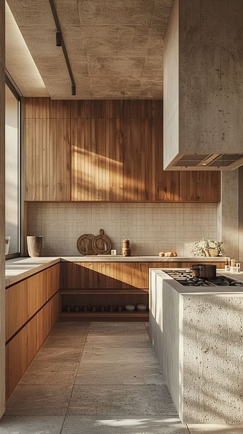 Kitchen Wood Wall Ideas, Concrete Wood Interior Design, Kitchen Ideas Concrete Floor, No Kitchen Kitchen, Concrete Wall Kitchen, 80’s Kitchen, Concrete House Interior Design, Concrete Wood Kitchen, Mediterranean Homes Interior Kitchen