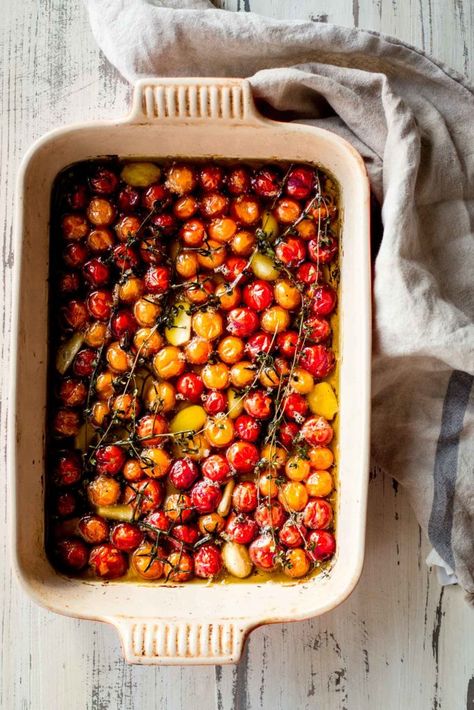 Cherry Tomato Confit - Dishing Up the Dirt Cherry Tomato Confit, Tomato Confit, Confit Recipes, Roasted Cherry Tomatoes, Harvest Recipes, Cherry Tomato, Tomato Recipes, Cherry Tomatoes, Vegetable Recipes