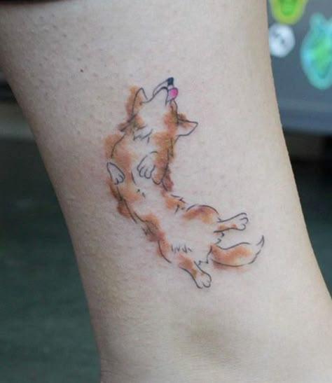 Three Legged Dog Tattoo, Corgi Ghost Tattoo, Minimalist Tattoo Pet, Dog Tattoo Colorful, Blue Healer Tattoo, Dog Nose Tattoo Minimalist, Small Corgi Tattoo, Corgi Memorial Tattoo, Dog Tongue Tattoo