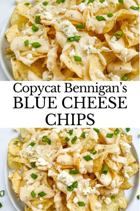 These Copycat Bennigan's Blue Cheese Chips are a delicious, cheesy snack or appetizer recipe inspired by the restaurant. Kettle chips are topped with a creamy cheese sauce, blue cheese, and green onions. Blue Cheese Appetizers, Copycat Recipes Desserts, Kettle Cooked Chips, Easy Delicious Appetizers, Italian Recipes Appetizers, Blue Cheese Recipes, Creamy Cheese Sauce, Restaurant Appetizers, Pretzel Cheese