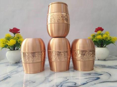 Set Of 4 Pcs Copper Tumbler Set Drinkware And Severing Copper Water Glass Good Health Benefits, 250 ML Each Heal Wounds Faster, Low White Blood Cells, Yoga Health Benefits, Copper Tumblers, Kantha Pillow Covers, Indian Pillows, Copper Utensils, Copper Vessel, Copper Cups