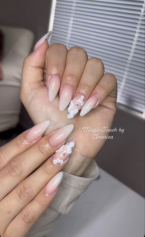 #acrylicnails #ombrenails #almondnails #3dflowers #simplenailart Pink French Tip Nails Almond With Flowers, Almond Nails With Flower Charms, Almond French Tip Nails With 3d Flower, Almond Nails With 3d Flower, Pink And White Ombre Nails With 3d Flowers, Baby Shower Nails, Pretty Gel Nails, Almond Acrylic Nails, 3d Flowers