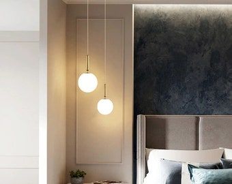 Bed Room Lighting, Soft Ceiling, Hanging Pendant Lights Bedroom, Cozy Lamps, Pendant Lights Bedroom, Crystal Pendant Lights, Nordic Dining Room, Wall Lighting Ideas, Modern Glass Pendant Light