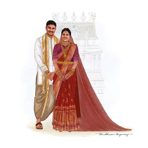 South Indian Bride Illustration, South Indian Caricature, South Indian Wedding Caricature, South Indian Wedding Illustration, South Indian Couple Illustration, South Indian Couple Wedding, South Indian Illustration, Indian Wedding Illustration, Couple Wedding Illustration