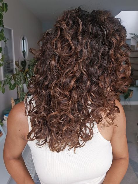 Low Lights On Curly Brown Hair, Curly Brown Hair With Caramel Highlights, Curly Hair Copper Highlights, Curly Hair Fall Color Ideas, Pintura Highlights Curly, Curly Balayage Hair, Jayne Matthews, Curly Brunette, Good Haircut