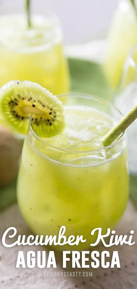 Cucumber Fresca Recipe, Cucumber Drink Recipes, Kiwi Drinks Non Alcoholic, Aqua Fresca, Kiwi Water, Cucumber Agua Fresca Recipe, Kiwi Juice Recipe, Kiwi Agua Fresca, Cucumber Electrolyte Drink