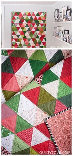 Emily Dennis from Quiltylove.com made this gorgeous triangle Christmas quilt entirely from her scraps! I love the simple and modern look! #scrappyquilts #holidayquilttutorial #trianglequiltpattern Modern Christmas Quilt, Christmas Quilting Projects, Triangle Quilt Pattern, Christmas Quilt Blocks, Christmas Tree Quilt, Christmas Patchwork, Christmas Quilt Patterns, Beginner Quilt Patterns, Holiday Quilts