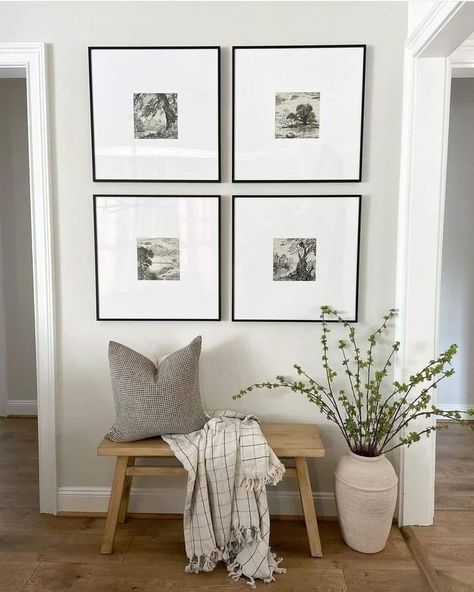 Front Entry Sitting Area, Stairs Rest Decor, Small Entryway Picture Wall Ideas, Mini Hallway Ideas, Small Simple Entryway Ideas, Entrance Apartment Ideas, Small Entry Wall Ideas, Small Entryway With Bench, Large Landing Ideas Upstairs