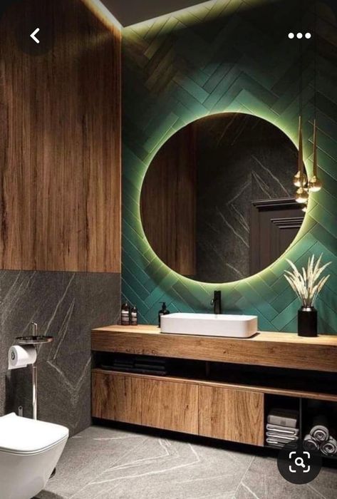 Green Wood Bathroom, Green Tiles In Bathroom, Green Toilet Room, Grey And Green Bathroom Ideas, Green Washroom, Bathroom With Green Accents, Green Painted Bathroom, Green And Wood Bathroom, Bathroom Green Tiles