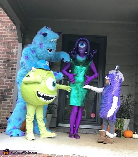 Monster Ink Halloween Costumes Family, Homemade Sully Costume Diy, Monsters Inc Group Costume Diy, Monsters Inc Characters Costumes, Monster Inc Costume Ideas, Celia Mae Costume Diy, Monsters Inc Costume Ideas, Diy Monster Inc Costume, Monsters Inc Family Costume For 4