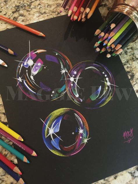 Strathmore drawing paper coal black, Prismacolor pencils Drawing Bubbles On Black Paper, Bubbles On Black Paper, Black Paper Art Colored Pencils, Black Paper Drawings, Prismacolor Drawings, Black Paper Art, Bubble Drawing, Prismacolor Art, Bubble Painting