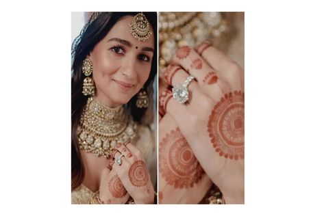 Alia Bhatt Wedding Ring, Alia Bhatt Ring, Alia Bhatt Wedding Mehndi Design, Alia Bhatt Mehendi Design, Actress Wedding, Full Mehndi, Hexagon Diamond Ring, Background Pics, Wedding Henna