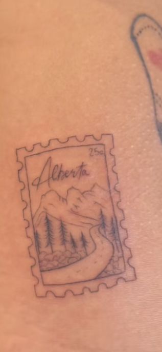 Post Card Tattoos, Banff Mountain Tattoo, Banff Tattoo Ideas, Whistler Tattoo, Western Stamp Tattoo, Acadia Tattoo, Mailbox Tattoo, Post Card Stamp Tattoo, Alberta Tattoo Ideas