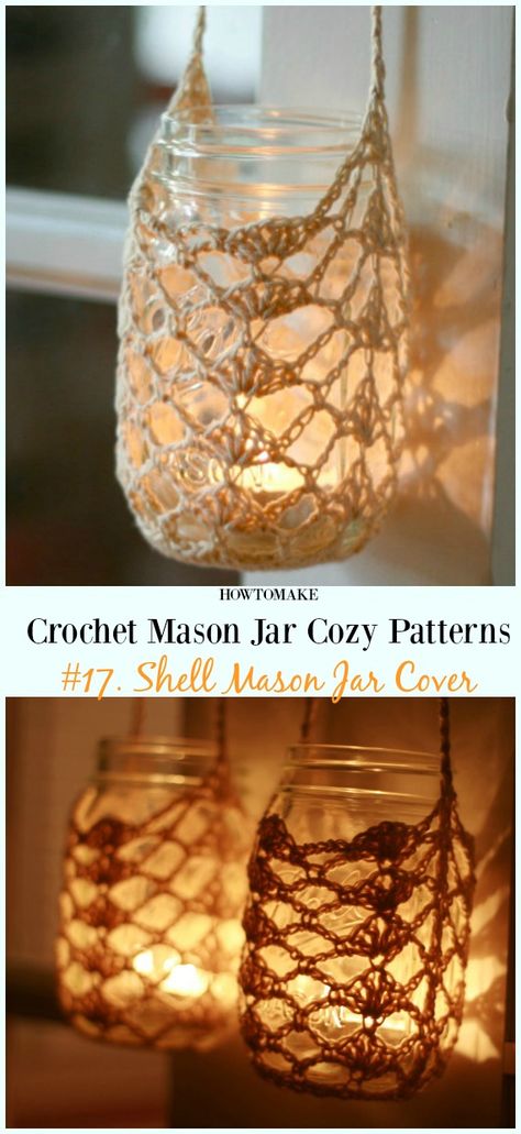 Shell Mason Jar Cover Crochet Free Pattern- #Crochet #MasonJar Cozy Free Patterns Crochet Mason Jar, Mason Jar Cozy, Jar Covers, Chalk Paint Mason Jars, Diy Hanging Shelves, Mason Jar Flowers, Diy Chalk Paint, Closet Organization Diy, Wine Bottle Diy Crafts