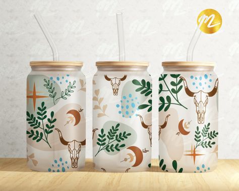 Boho Style Art, Leaf Svg, Glass Can Tumbler, Can Tumbler, Skull Png, Libbey Glass Can, Line Flower, Bull Skull, Bull Skulls