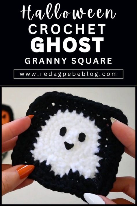 Crochet Ghost Granny Square, Black And White Crochet Ideas, Halloween Crochet Granny Square, Ghost Granny Square Pattern, Ghost Granny Square, Halloween Granny Square Crochet, Black Yarn Crochet Ideas, Spooky Knitting, Crochet Ghost Pattern Free