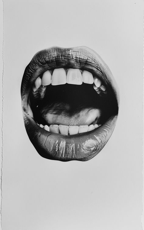 vintage black and white photograph of teeth, cut in half with the top lip facing upwards and showing all its teeth and the bottom lip facing down, printed on slightly grayish paper --v 6 Teeth Drawing, Face Cut Out, Surreal Tattoo, Dental Art, Digi Scrapbooking, Bottom Lip, Portrait Photography Women, Tattoo Portfolio, Black And White Photograph