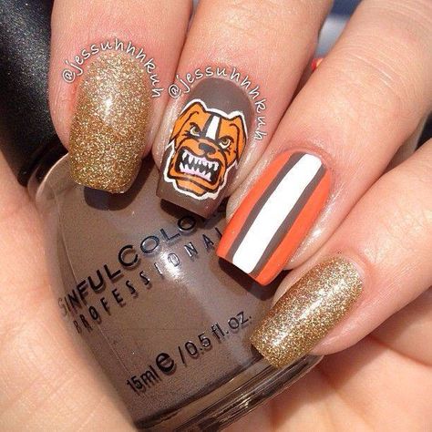 Go Browns!! Nails Football, Football Nail Art, Brown Nail Art, Football Nails, Neat Nails, Ohio Football, Brown Nails Design, Best Nails, Browns Football