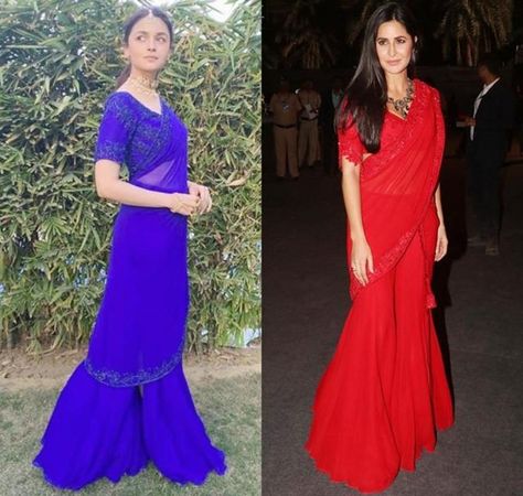 Alia Bhatt Katrina Kaif look stunning wearing the same sharara saree. See pics  Hindustan Times Sharara Saree Style, Alia Saree, Sharara Saree, Alia Bhatt Saree, Classy Saree, Desi Wedding Dresses, Long Dress Design, Manish Malhotra, Indian Gowns Dresses